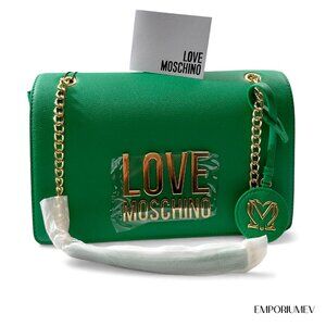 Love Moschino Women’s Green Shoulder Bag Crossbody Faux Leather Gold Chain NWT